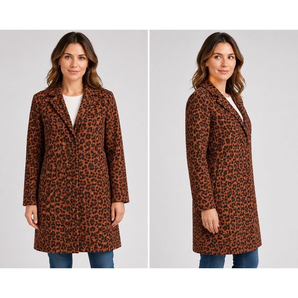 A New Day Women's Leopard Print Long Coat Size M Brown Black Snap Front Lined 45